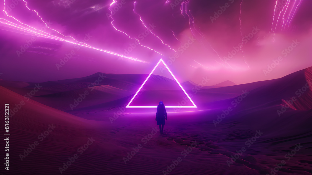 Poster modern futuristic neon abstract background large triangle glowing purple object in the center of san