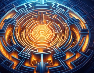 Captivating digital illustration of a glowing geometric labyrinth, symbolizing problem-solving complexity and decision-making challenges. Emotionally striking art piece