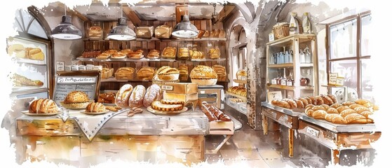 A watercolor of a rustic bakery interior with breads and pastries beautifully displayed, Clipart isolated on white