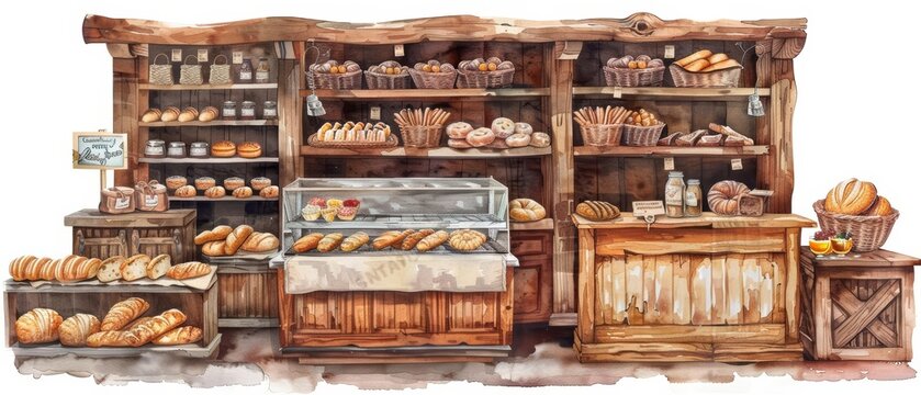 A watercolor of a rustic bakery interior with breads and pastries beautifully displayed, Clipart isolated on white