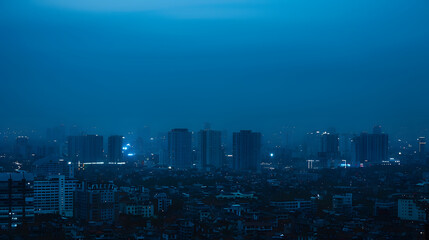 The city scenery before and at dawn the silhouette of the cityscape and the sky dyed blue : Generative AI