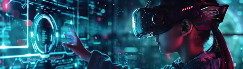 Fototapeta premium A young girl wearing a biometric suit controls a game environment with her movements, blending physical fitness with virtual reality, perfect for a futuristic gaming banner