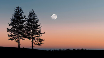 A serene landscape featuring the silhouette of trees against a dusk sky with the setting sun and a rising moon in the backdrop : Generative AI