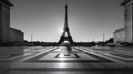 Eiffel Tower French Tour Eiffel silhouette at dawn View from Trocadero Square with geometrical marble pavement Paris France Black and white photography : Generative AI