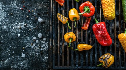 A variety of colorful bell peppers and chili peppers are sizzling on the grill, ready to be used as ingredients in a delicious recipe. These natural foods add flavor and nutrition to any cuisine AIG50