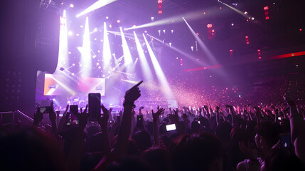 Many fun people lift hand up hold cell phone flash light Fan crowd wave flashlights Epic live music concert atmosphere Big open air k pop arena Cool night fest Lot joy men hang out Kpo : Generative AI