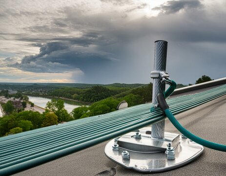 Close up photo of newly installed metal rod for lightning protection on commercial building roof during thunderstorm.
