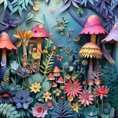 Creative and colourful paper art of a whimsical garden with magical creatures, detailed in classic styles color tones