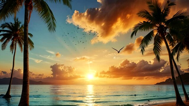 Summer landscape with tropical beach at sunset  Seamless looping 4k time-lapse animation video background