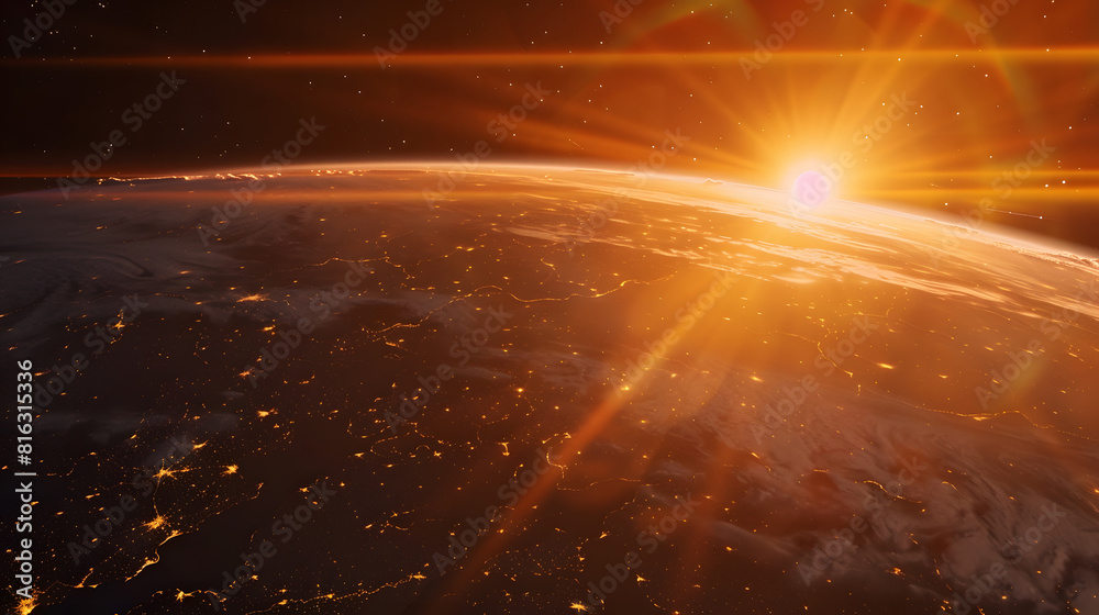 Poster planet earth dawn sunset from space silhouette planet earth in rays of sun against background of spa