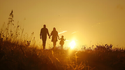 Silhouette of couple with daughter sitting in father arms walking in field in evening Silhouette of married couple walking in field with daughter in arms Father and mother with child w : Generative AI