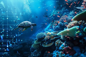 In an underwater habitat, scientists use AI to monitor oceanic conditions and marine life, creating a banner highlighting marine research technology