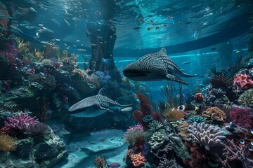 Fototapeta premium In an underwater habitat, scientists use AI to monitor oceanic conditions and marine life, creating a banner highlighting marine research technology