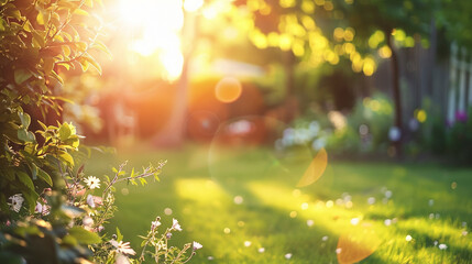 Sunlit Backyard Oasis, Lush Greenery with warm sunshine and bokeh