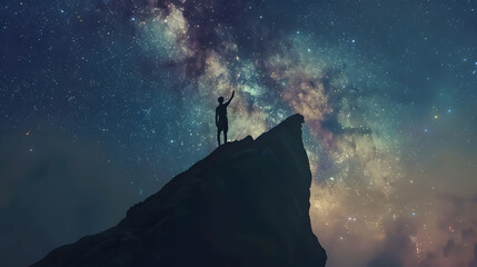 Fototapeta premium Lone person standing on top of rock pointing with hand towards the Milky Way and the vast expanse of universe Stunning silhouette of man gazing out into the cosmos Power of dreams and : Generative AI
