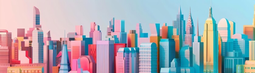 Naklejka premium Paper art style of a bustling metropolitan skyline during Cyber Monday, highlighted with cyber color contrasts