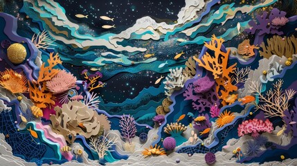 Fototapeta premium Paper cut design of an elaborate underwater coral reef bustling with marine life, enhanced with futuristic styles accents