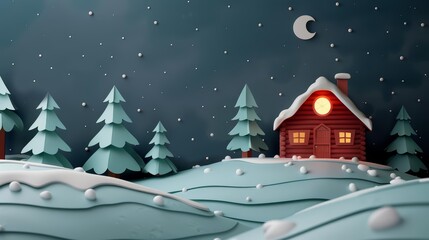 Naklejka premium Paper Effect greeting card concept illustration of a cozy winter cabin scene during Christmas, created in paper art styles