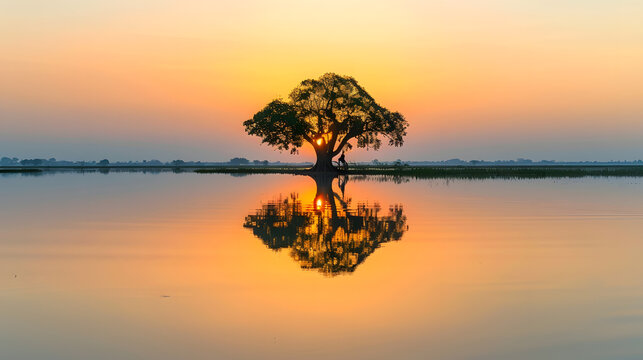 Tree reflecting in taung tha man lake near ubein bridge at sunset amarapura mandalay myanmar burma asia : Generative AI