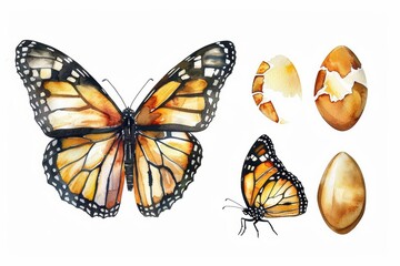 Obraz premium Set of watercolors capturing the lifecycle of a monarch butterfly, from egg to majestic adult, Clipart isolated on white