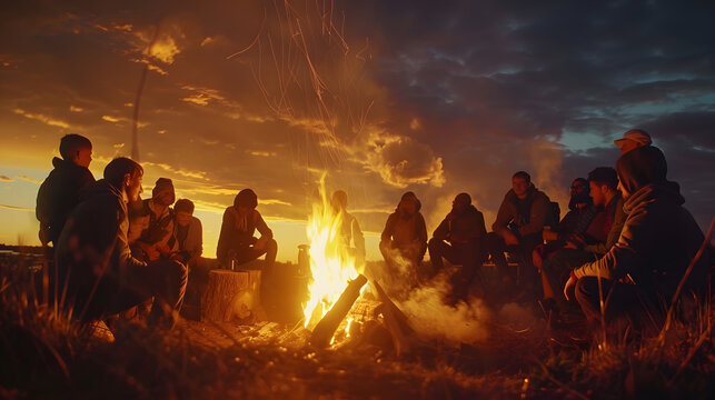 Group of friends gathering around bonfire in evening Camping season : Generative AI