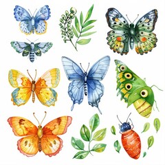 Set of watercolors depicting the different stages of a butterflys life cycle, emphasizing transformation, Clipart isolated on white