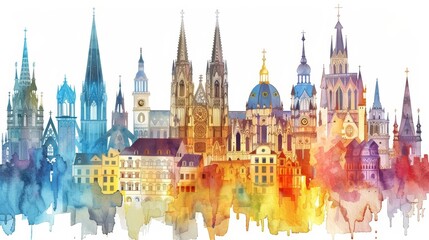Set of watercolors illustrating the architectural evolution of European cathedrals, Clipart isolated on white