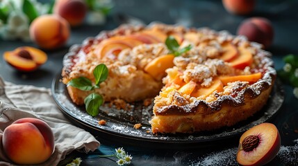 Peach cobbler cake, fresh foods in minimal style