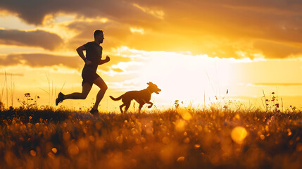 Silhouettes of runner and dog on field under golden sunset sky in evening time Outdoor running Athletic young man with his dog are funning in nature : Generative AI