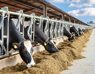 Cows in a row eating hay, showcasing farm animal routine