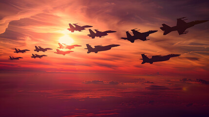 Obraz premium Air Force Day Aircraft silhouettes on background of sunset Combat flight of interceptors on a mission : Generative AI