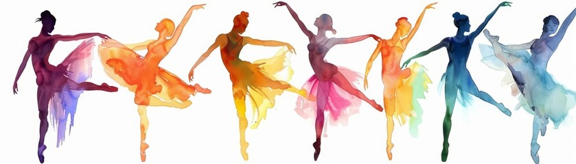 Set of watercolors showing a progression of different ballet dancers in midperformance, Clipart isolated on white