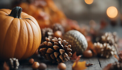 Autumn Pumpkin and Pine Cones on Wooden Surface - Powered by Adobe