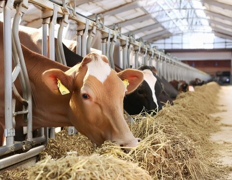 Cows in a row eating hay, showcasing farm animal routine
