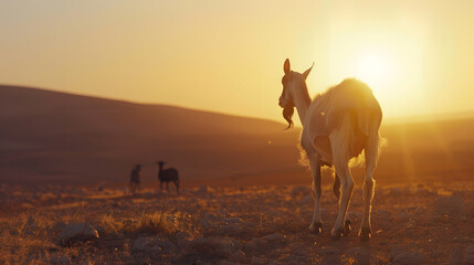 Naklejka premium A goat watching the sunrise in the Israeli Negev desert : Generative AI