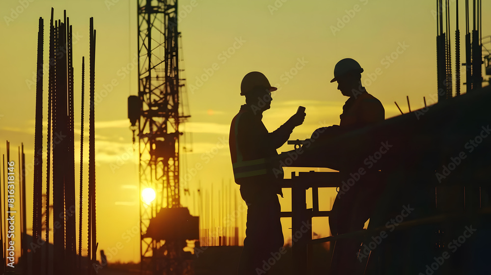 Poster silhouette of engineer and worker on building site construction site at sunset in evening time : gen