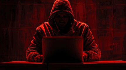 A hacker in a hoodie sits at a laptop