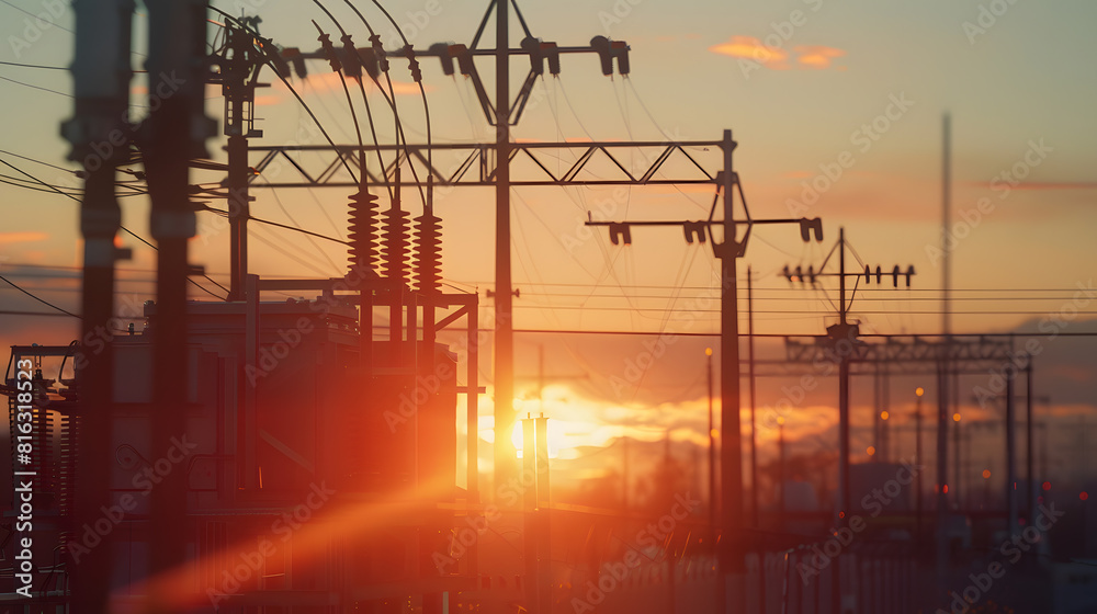 Poster electrical substation and power lines at sunset : generative ai