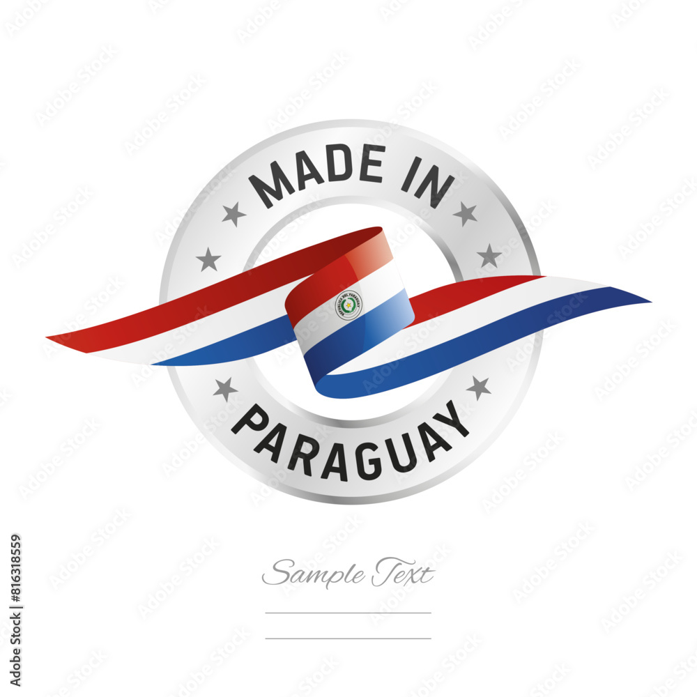 Wall mural made in paraguay. paraguay flag ribbon with circle silver ring seal stamp icon. paraguay sign label  - Wall murals