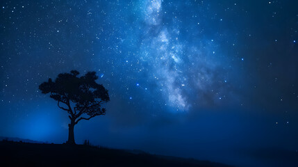 Indonesia East Java Milky Way galaxy on blue starry night sky over silhouette of lone tree in Bromo Tengger Semeru National Park : Generative AI