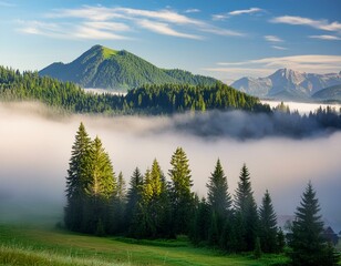 Dense morning fog in alpine landscape with fir trees and mountains.