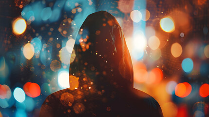 A double exposure of a Silhouette of a mysterious hooded figure without a face in a city at night With a glitch edit : Generative AI