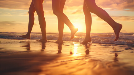 Healthy lifestyle concept image with three females friends walking barefoot together in balance against a golden sunset and blue ocean and sky in background Outdoor leisure vacation ac : Generative AI