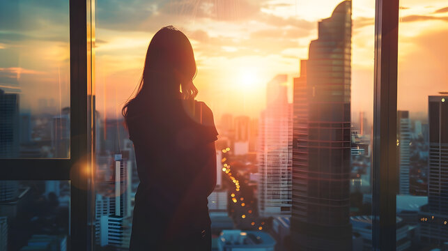 Silhouette Asian woman standing by the window at skyscraper building in metropolis and looking cityscape at summer sunset Beautiful girl enjoy urban lifestyle activity in the city on h : Generative AI