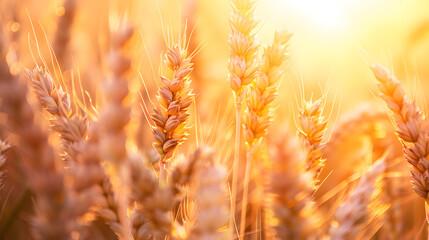 Colorful sunset in a wheat field panoramic view : Generative AI