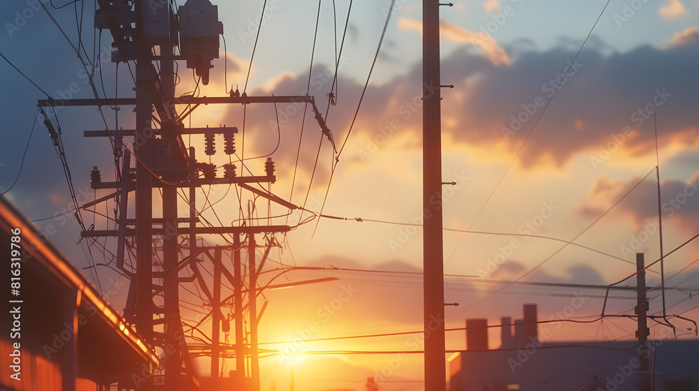 Poster electrical substation and power lines at sunset : generative ai