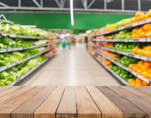 Fototapeta premium Empty wood table top with supermarket blurred background for product display