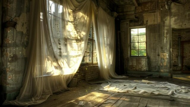 The soft billowy linen curtains dd over the broken windows of the old livery stable creating a hauntingly beautiful picture. 2d flat cartoon.