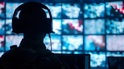 Silhouette of a military man in headphones at a laptop against the background of a video wall of glowing screens contour lighting Concept information gathering surveillance and control : Generative AI