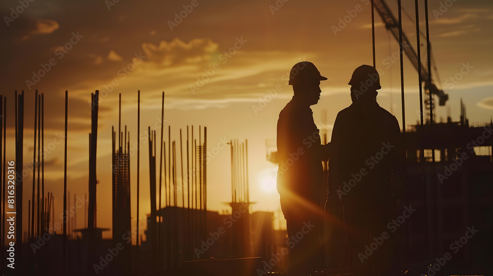 Aufkleber Silhouette of Engineer and worker checking project at building site background construction site at sunset in evening time : Generative AI